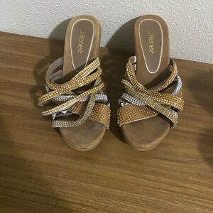 J.Renee Gold and Silver Rhinestone Crisscross Slide Sandals